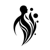 Abstract black silhouette of a human figure merged with flowing lines and spheres, symbolizing growth, transformation, and spirituality. vector