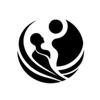 A minimalist black and white symbolic composition featuring a human silhouette in contemplation, framed by curved elements, and set against a large circle. vector