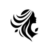 Elegant Silhouette A womans profile with flowing hair, intertwined with leaves, creating a harmonious and minimalist against a pristine white backdrop. vector