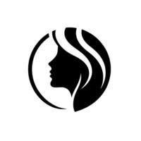 Silhouette of a womans profile within a circular frame, featuring flowing hair in a minimalist black and white . vector
