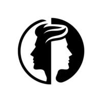 Monochromatic featuring a split circle, displaying two human profiles in contrasting colors, embodying duality and balance. vector