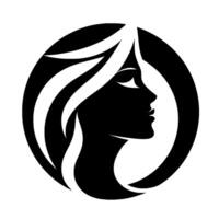Silhouette of a womans profile within a circular frame, showcasing flowing white hair against a black background. A minimalist and elegant . vector