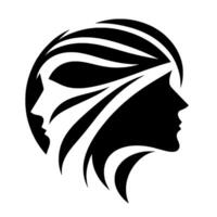 Elegant Black and White Silhouette Featuring Two Female Profiles, Encircled, with flowing, stylized hair vector