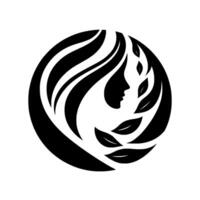 Silhouette of a womans profile within a black circular , stylized with flowing hair and leaves on a white background. vector