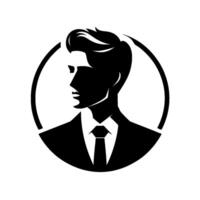A bold, monochromatic featuring a silhouette of a man in a suit within a circular frame, emphasizing professional elegance and a timeless aesthetic. vector