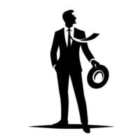Black and white silhouette of a man in a suit holding a hat, looking to the side with a confident pose. vector