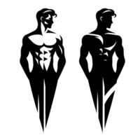 Stylized Binary Depiction of a Muscular Male Figure A Black and White Illustration, SideBySide, Revealing Anatomy in Positive and Negative Space. vector