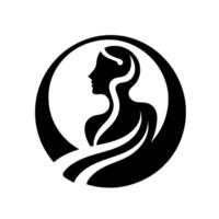 Silhouette of a woman in profile enclosed in a circular frame, with flowing lines symbolizing grace and elegance. vector