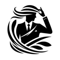 Silhouette of a businessman adjusting his hat, surrounded by dynamic, flowing lines evoking wind or movement, in stark black and white. vector