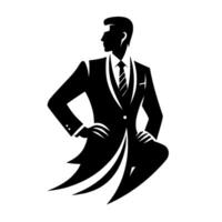 Silhouette of a Man in a Tailored Suit, Hands on Hips, Looking Confident, Black and White Illustration. vector