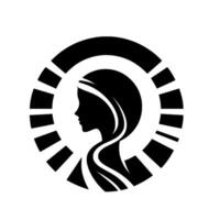 Minimalist Silhouette of a Woman Within a Circular Frame with Radiant Stripe Elements, in Black and White. vector
