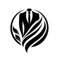 Minimalist Black and White Depicting a Suit Tie Surrounded by stylized Leaves and a Circular Frame. vector