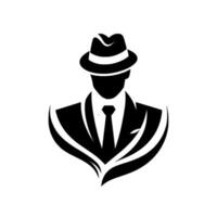 A stylized, black and white illustration of a silhouetted gentleman in a fedora, suit, and tie, conveying elegance and mystery with dynamic, stylized framing. vector
