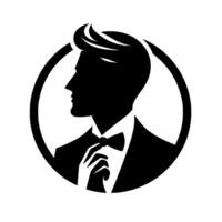 Elegant Black Silhouette of a Man in a Tuxedo Adjusting Bow Tie Inside Circular Frame, Formal Portrait, Sophisticated Style. vector