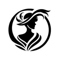 Silhouette of an Elegant Woman in a Floppy Hat and Feathers Within a Circular Frame, Representing Grace and Fashion. vector