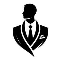 Silhouette of a stylish man in a suit and tie, facing left, with a refined and elegant composition against a plain white backdrop. vector