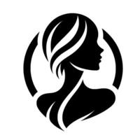 Silhouette of a woman in profile within a circle, showcasing sleek hair and elegant neck, in minimalist black and white. vector