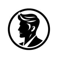 A sleek black and white silhouette featuring a stylish mans profile within a circular frame, embodying sophistication and . vector