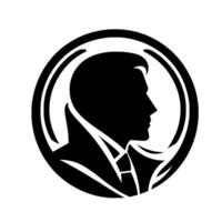 A stylized, minimalist black silhouette of a man in a suit and tie, framed within a doublelined circular , representing sophistication. vector