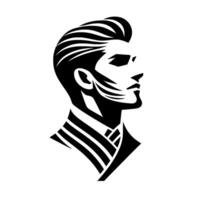 A minimalist, monochromatic portrait of a stylish man with a bold pompadour hairstyle, sharp features, and a striped suit, captured in a sleek, art style. vector