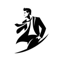 Stylized Black and White Silhouette of a Dapper Businessman in Motion, Holding a Bladelike Object, with a Dynamic Composition. vector