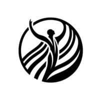 A minimalist black and white depicting a figure with raised arms and flowing stylized wings, enclosed in a circular frame. vector