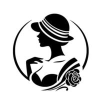 Elegant Silhouette A Woman in a Striped Hat Adorned with a Rose, Within a Circular Frame, Monochromatic . vector