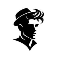 Retrostyled, monochrome illustration of a man in a fedora with sideswept hair, exuding cool confidence against a white background. vector