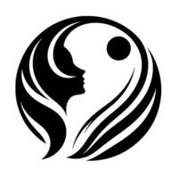 Silhouette of a Womans Profile with Flowing Hair and Sunlike Orb Within a Circular Frame, Minimalist vector
