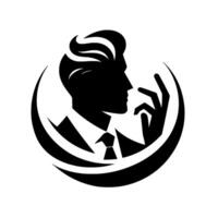 A stylized black and white silhouette of a man in profile, with a modern hairstyle, formal attire, and hand gesture, encircled by an arc. vector