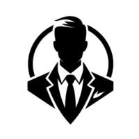 A minimalist black and white featuring a stylized silhouette of a man in a suit, enclosed within a circular frame. vector