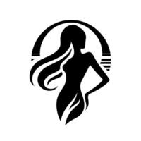 Elegant Silhouette of a Woman with Flowing Hair, Enclosed within a Circular Frame, Featuring a Stylish Pose. vector