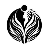 A stylized silhouette of a woman with flowing, feathery hair, enclosed within a circular frame with a top sun symbol, in monochromatic black and white. vector