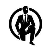 Black and white silhouette of a suited man in sunglasses, kneeling inside a black circle, looking towards the side, a symbol of power and style. vector
