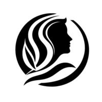 Silhouette of a womans profile with flowing hair and leaflike elements within a circular frame, minimalist aesthetic. vector