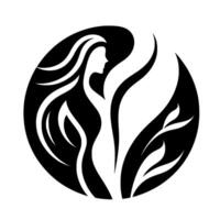 Elegant black and white featuring a womans silhouette merging with stylized plant forms within a circular frame. vector