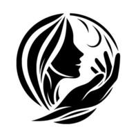 Serene Silhouette A womans profile cradled by a gentle hand within a minimalist circular frame, radiating peace and elegance in stark black and white. vector