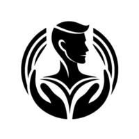 Stylized depicting a mans silhouette encircled by curved lines and cradled by symmetrical hands, conveying protection. vector