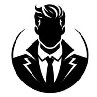 Silhouette of a dapper man in a suit, outlined by a white circle, with a dynamic hairstyle and a sharp, geometric . vector
