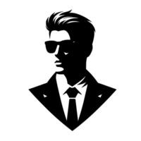 Sleek Monochrome Portrait A Silhouette of a Stylish Man in a Suit and Sunglasses, Exuding Confidence and Mystery Against a White Background. vector