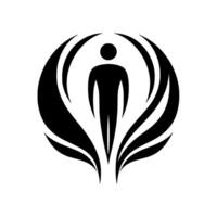 Black silhouette of a stylized human figure encased within a circle of dynamic, flowing, winglike curved shapes against a plain white background, evoking growth and protection. vector