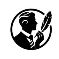 A minimalist black and white silhouette of a gentleman in a suit holding a quill pen, encapsulated within a circular frame, representing writing and literature. vector