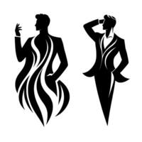 Two Stylish Silhouette Figures in Suits, Dynamic Poses with Flowing Lines and Distinctive Silhouettes against White Background. vector