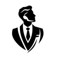 Silhouette of a welldressed man in a suit, tie, and vest, rendered in stark black and white minimalist style with a modern, clean aesthetic. vector