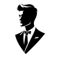 A minimalist, black and white silhouette of a dapper gentleman in a suit, bow tie, and neat hairstyle, facing left, representing elegance. vector