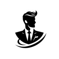 Silhouette of a stylish man in a suit, with a modern hairstyle and a dynamic, curved element, exuding confidence. vector