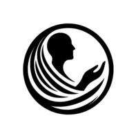 A minimalist emblem of a human silhouette reaching with an open hand encircled by abstract, flowing elements, symbolizing care and connection. vector