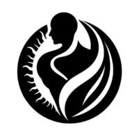 A stylized minimalist of a human figure merging with sun and flowing organic shapes within a circular frame, emphasizing harmony and nature. vector