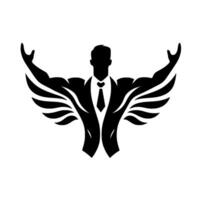 A bold, stylized silhouette of a businessperson, wings spread wide, ascending into the air, representing success and freedom. vector