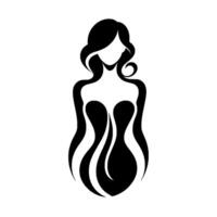 Elegant Silhouette of a Woman in a FormFitting Gown A minimalist black and white , evoking sophistication and grace, with flowing hair. vector